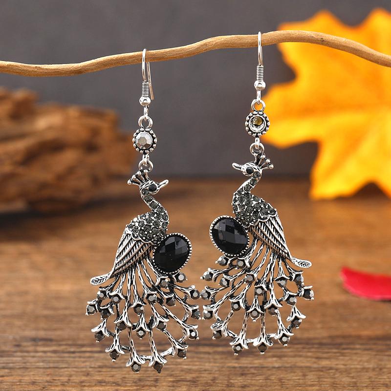 Vintage Ethnic Colroful Rhinestone Peacock Dangle Earrings For Women Long Classic Silver Color Animal Earrings Female Jewelry