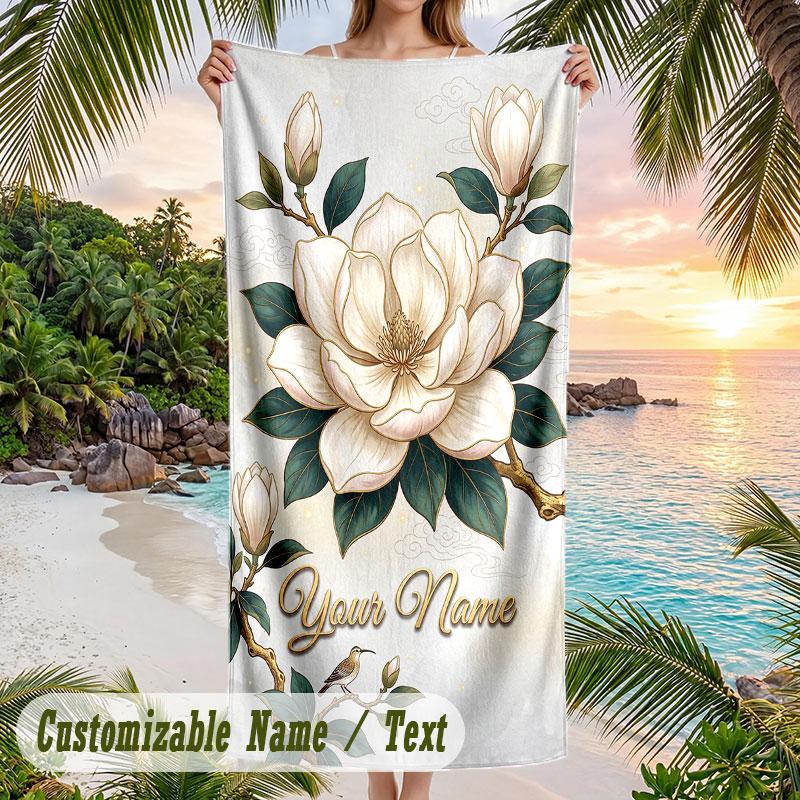 Elegant Lotus Theme Quick Dry Beach Towel Custom Name Text Print Large Sand Resistant Towel Beach Vacation