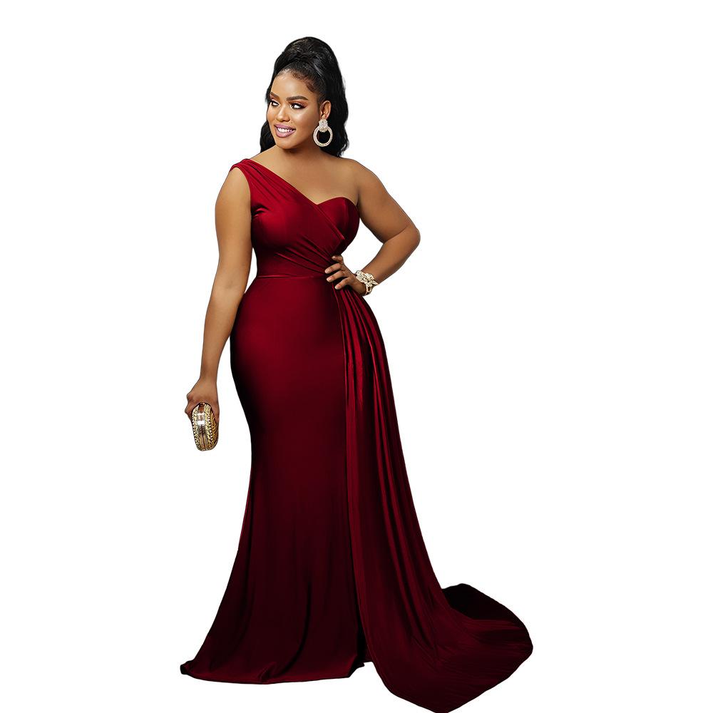 New Fashion Solid Color Sexy Tight One-shoulder Sleeve Long Dress for Party - Women's Private Wear Aristocratic Style Evening Gown