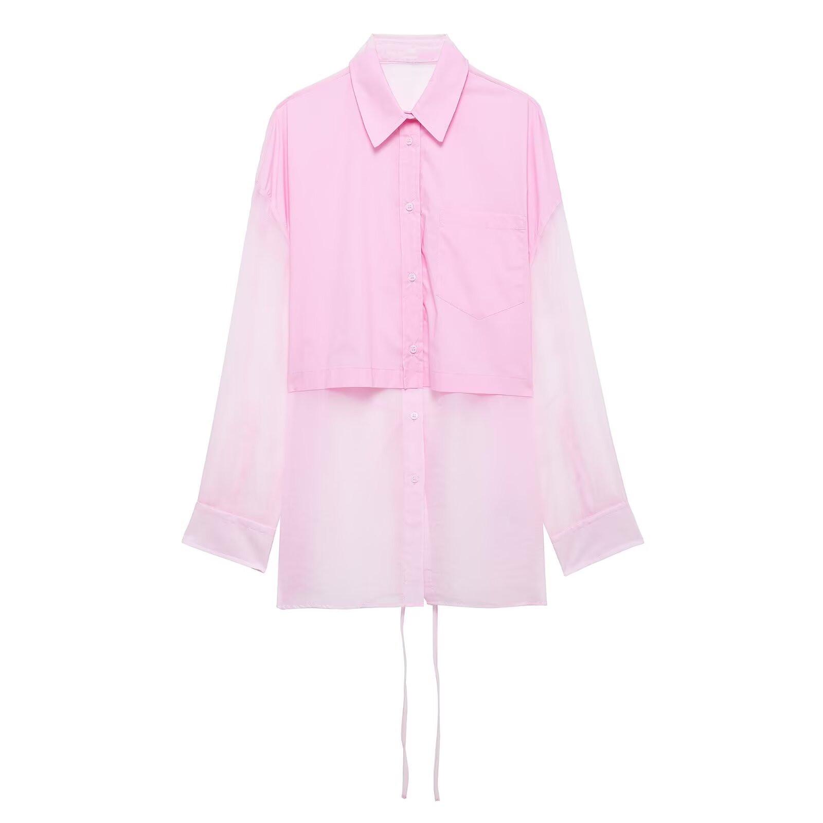 

2025 Spring Women s Loose Fit Patchwork Shirt with Transparent Yarn Design Extra Small