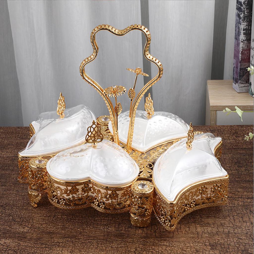 Divided Platter Gold Exquisite Serving Tray with 5 Oval Compartments Handle Lids for Fruits Nuts  