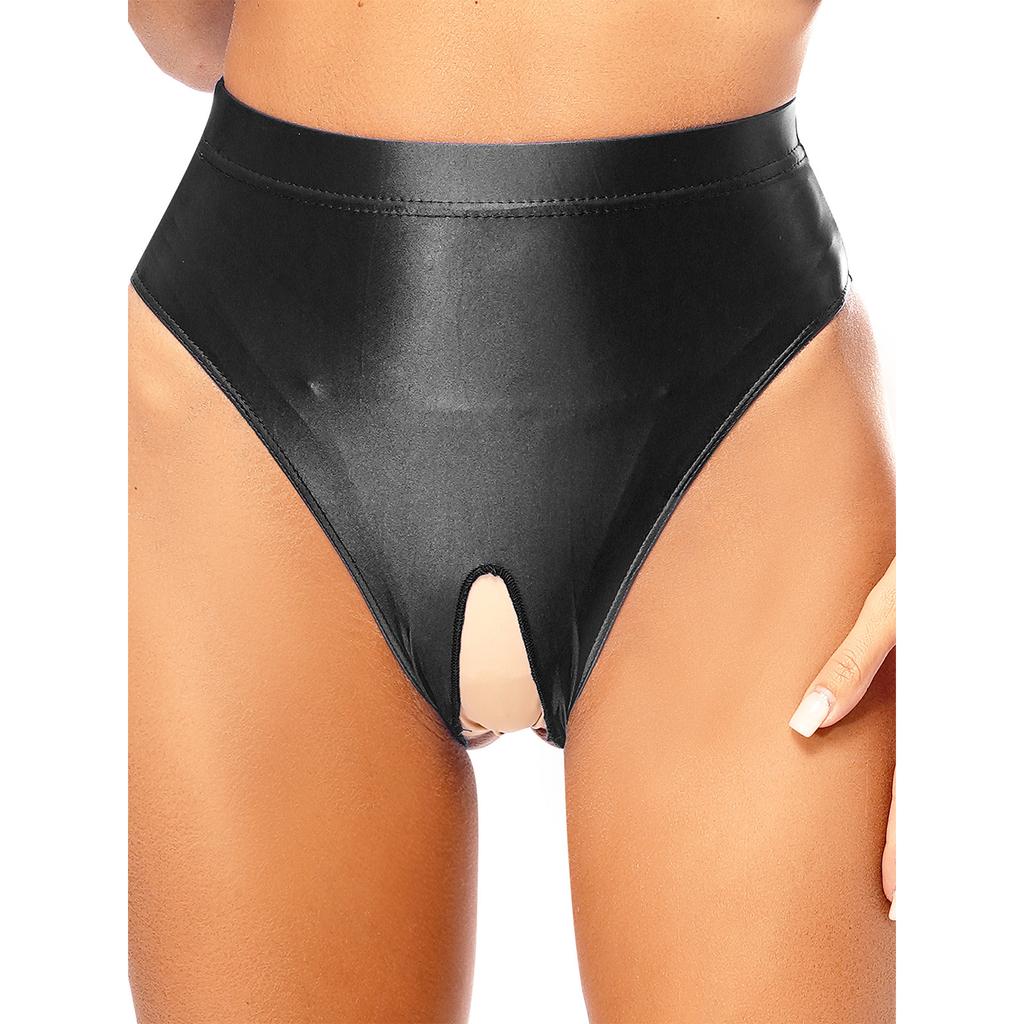 Womens Glossy Stretchy Panties High Waist Open Crotch Design Elastic Waist Sexy Underwear Lingerie