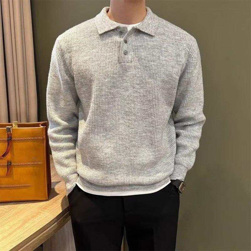 Men's Knit Sweater Autumn Winter Pullover Korean Soft Heavyweight Knit Polo Sweaters Minimalist Long Sleeve Solid Casual Top