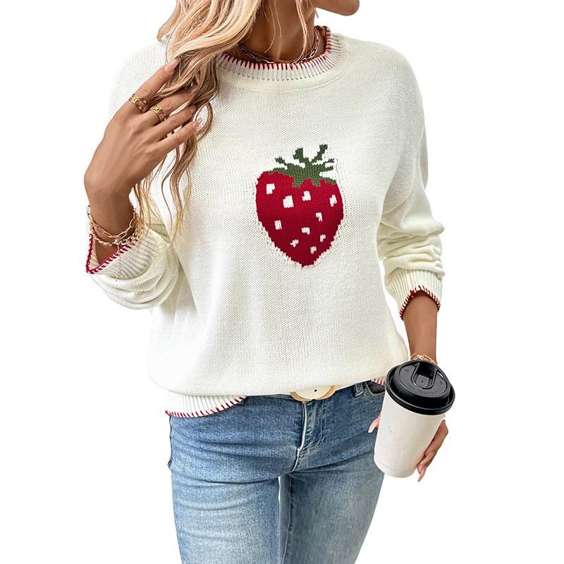 Womens Winter Knit Sweater With Strawberry Jacquard Round Neck Long Sleeve Loose Fit Casual Pullover