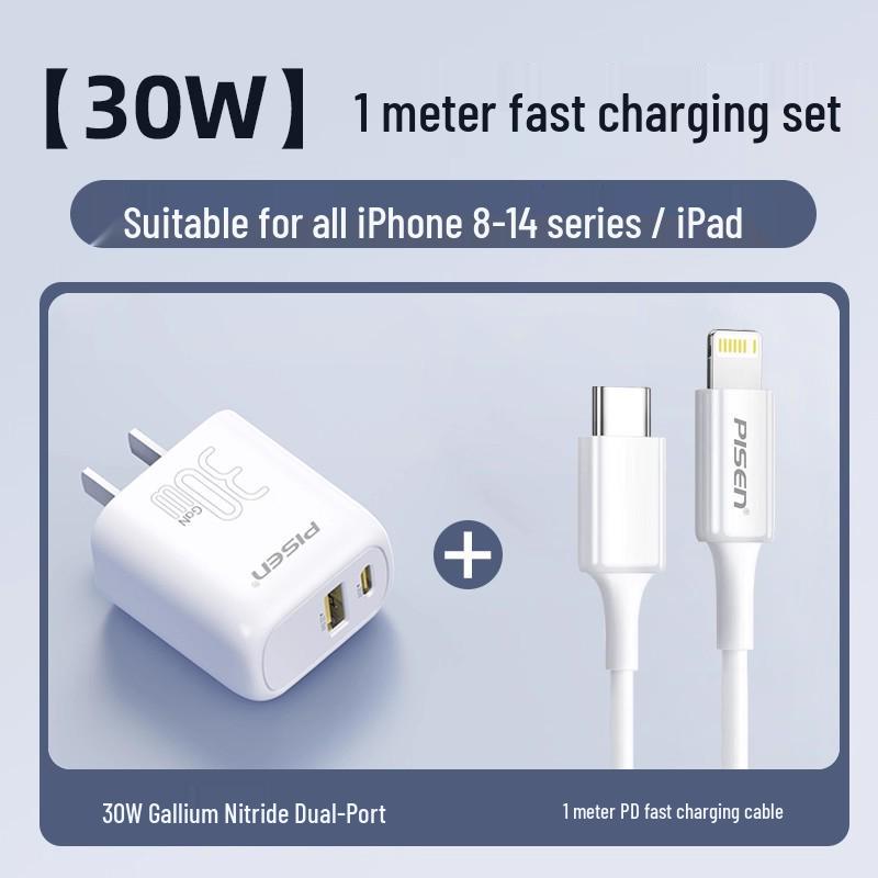PISEN 30W GaN Fast Charger Kit for Apple & Android, Dual-Port Plug, New Model