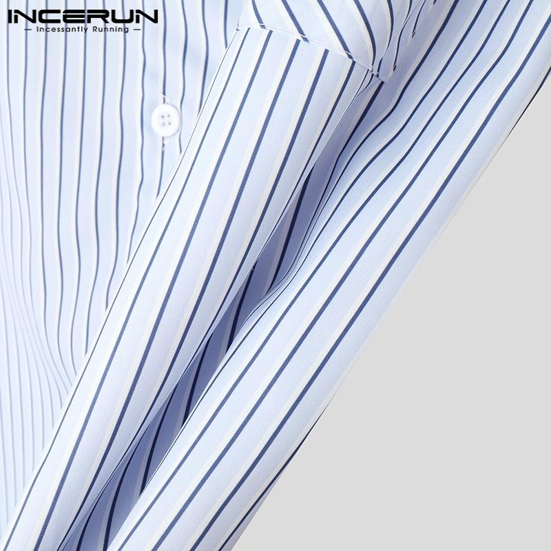 INCERUN Men Summer Oversized Short Sleeve Patchwork Striped Buttons Casual Shirts Tops