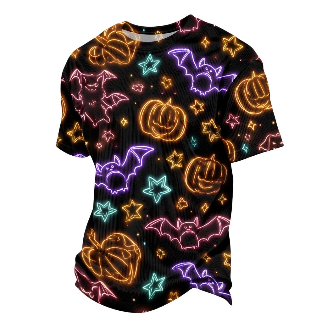 Men Casual Corduroy Short Sleeve Lightweight Breathable Round Neck Top Halloween Pattern Printed Shirt