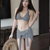 Orange Striped Neck Strap Bikini Swimsuit Women's Three-piece Set, Korean Ins Hot Spring Sexy Babes Vacation