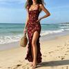 Euro American 2026 Summer Bohemian Vintage Ruffle Edge Sleeveless Suspender High Split Dress