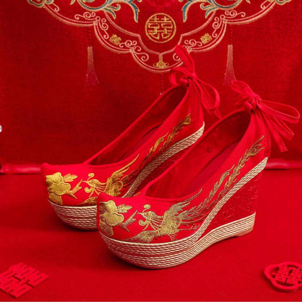 Show He Women's Spring Pearl Tassel High Heel Bridal Embroidered Shoes