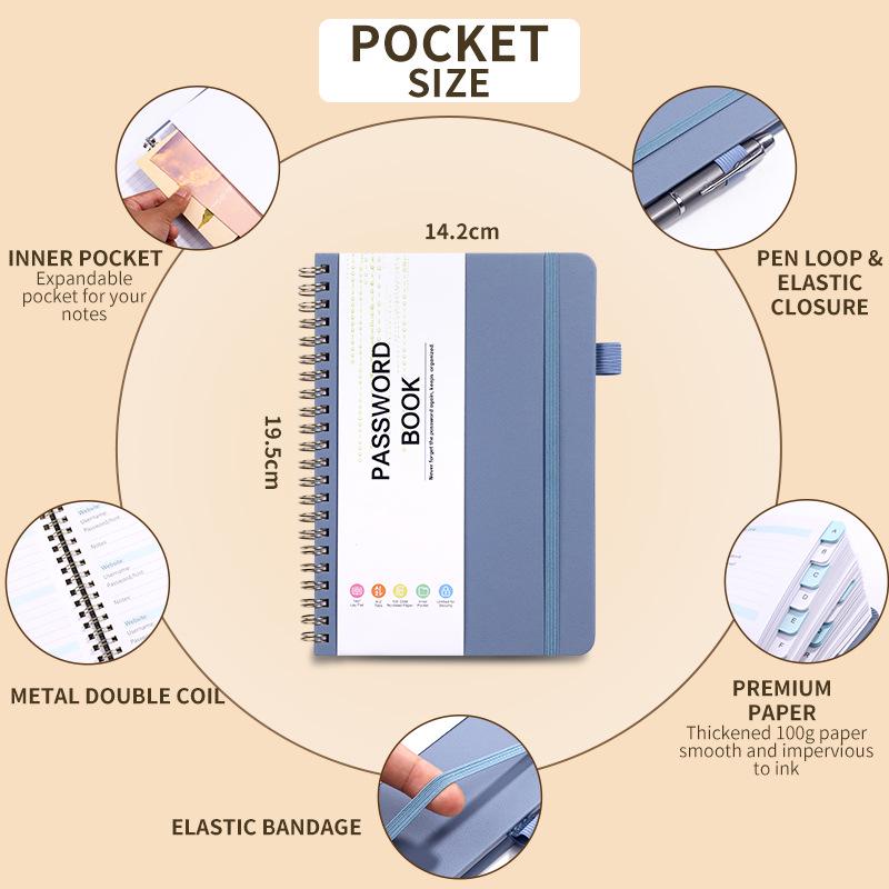 Password Record Notebook with Letter Labels, Faux Leather Index Pages, Pen Holder, and Binding Strap