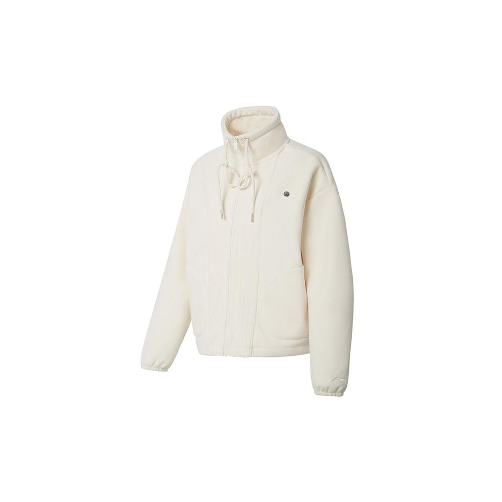 Li Ning Training Series Cardigan Long Sleeve Stand Collar Solid Color Loose Sports Warm Fleece Jacket Women Outerwear Vanilla-White AFDSC90-5