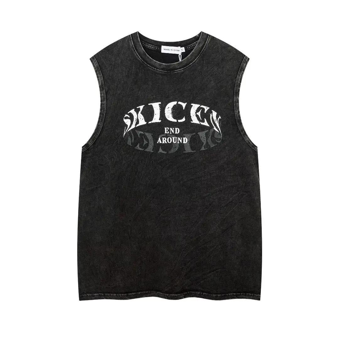 

Уличный велосипедный жилет Свободный повседневный для езды Ретро выстиранный старый Хай-стрит Свободный хип-хоп жилет Футболка без рукавов S