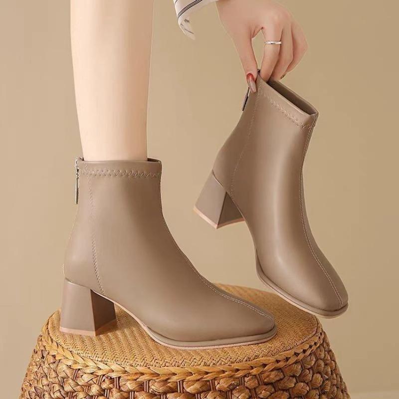 Soft Leather Shoes, Short Boots, New Thick-heeled Boots, Square-toed Fleece Short Boots for Women