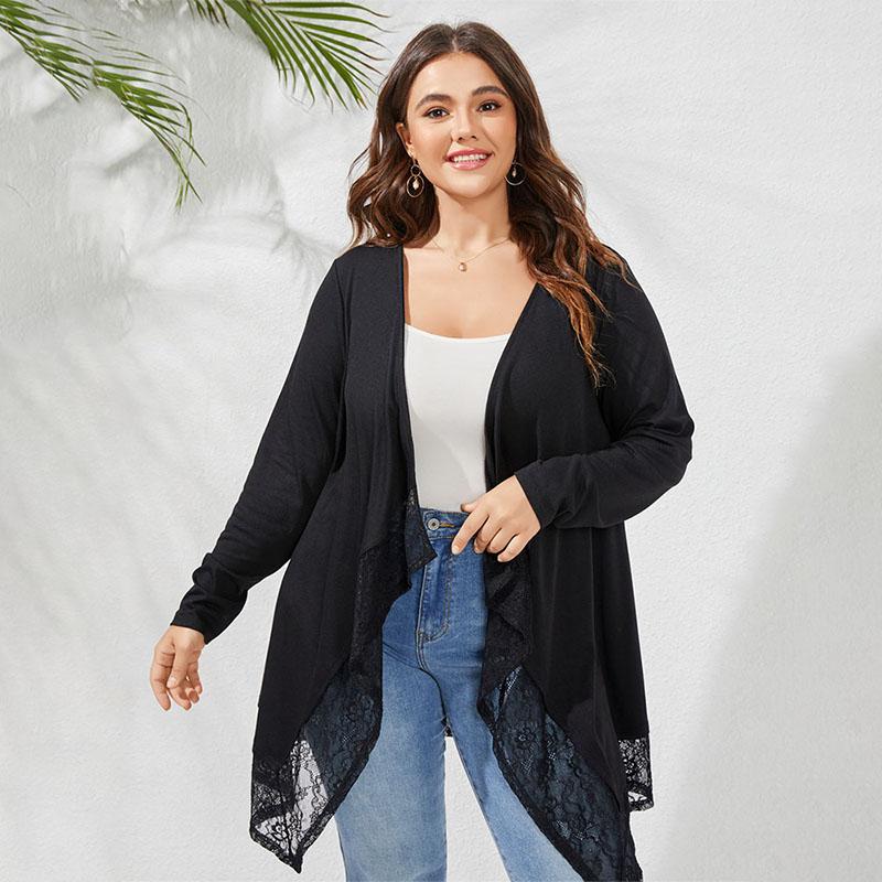 

Женский кружевной лоскутный эластичный кардиган с открытым передом и длинными рукавами