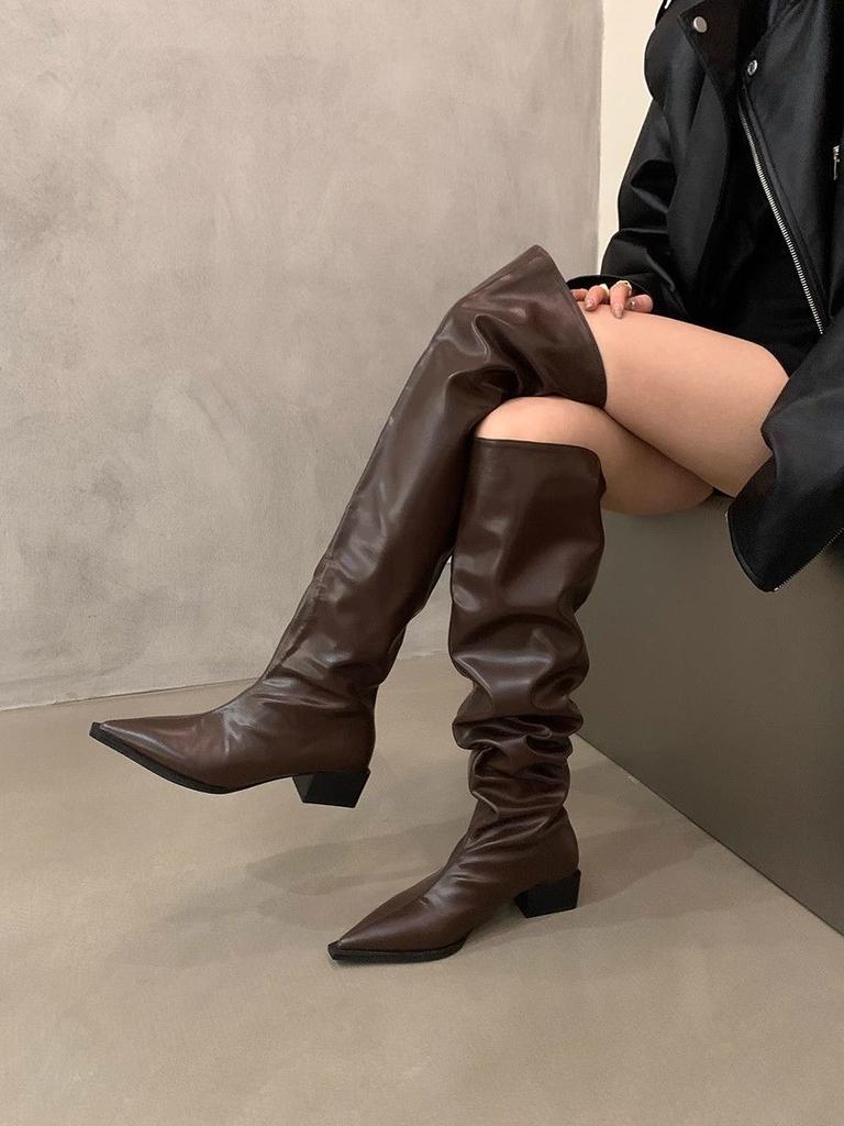 Thick Heel Black Over Knee Pile Long Boots Women's Shoes 2025 New Autumn and Winter Pointed Skinny Knight Boots