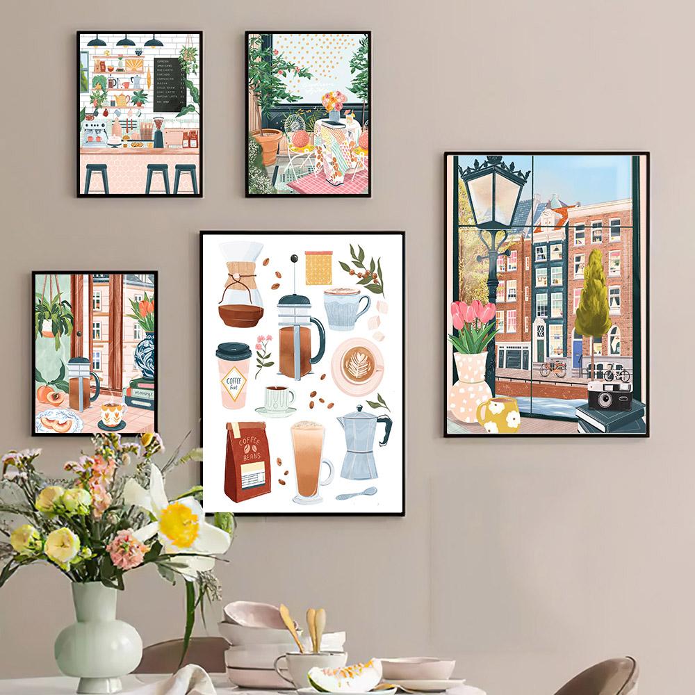 Nordic Coffee Gift Wall Pictures Art Prints Kitchen And Dinning Canvas Painting Cafe Shop Posters Window Landscape Wall Decor