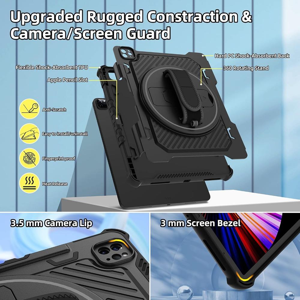 Case for IPad Pro 12.9 Air 11 13 2024 360 Kickstand Hand Strap Pencil Holder Cover IPad A16 11th 10.9 7 8th 10.2 Mini 4567 Funda