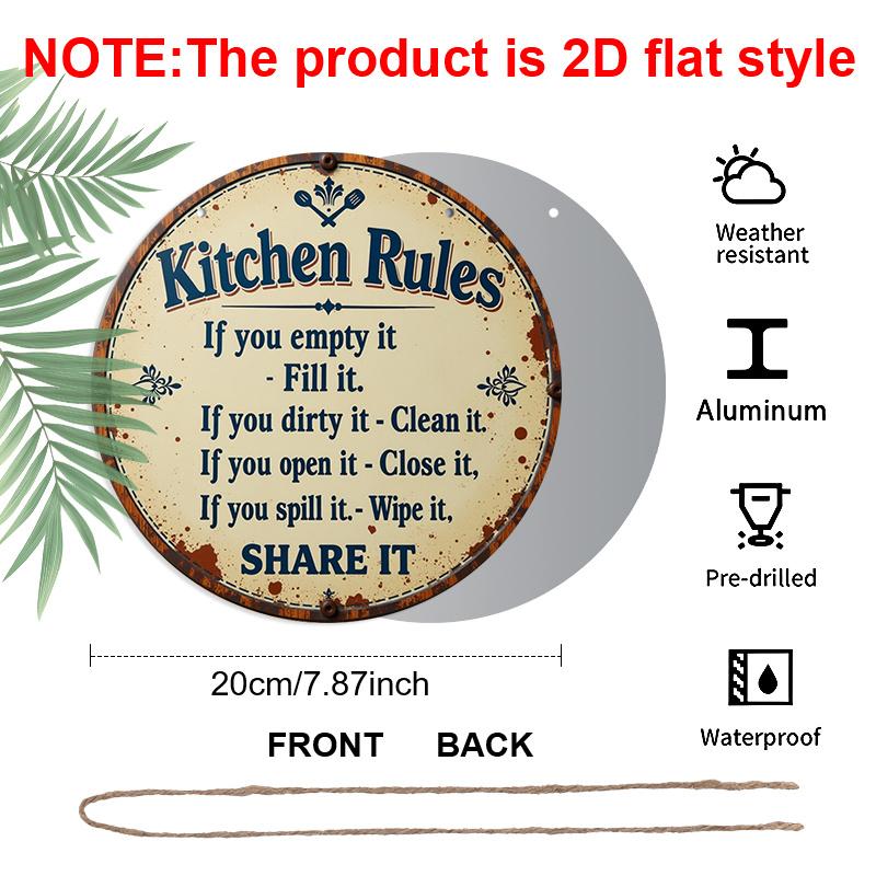 2D Flat 1pc, 8x8 in Printed Aluminum Metal Sign, Featuring Kitchen Rules Design, Round Aluminum Wall Art, Suitable for Decorating Patios, Porches
