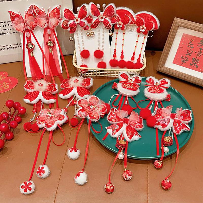 1pár děti rok Červená mašle Sponky do vlasů Kawaii Vlasové doplňky Motýlí střapce Spona do vlasů Všestranná spona do vlasů ve starověkém stylu