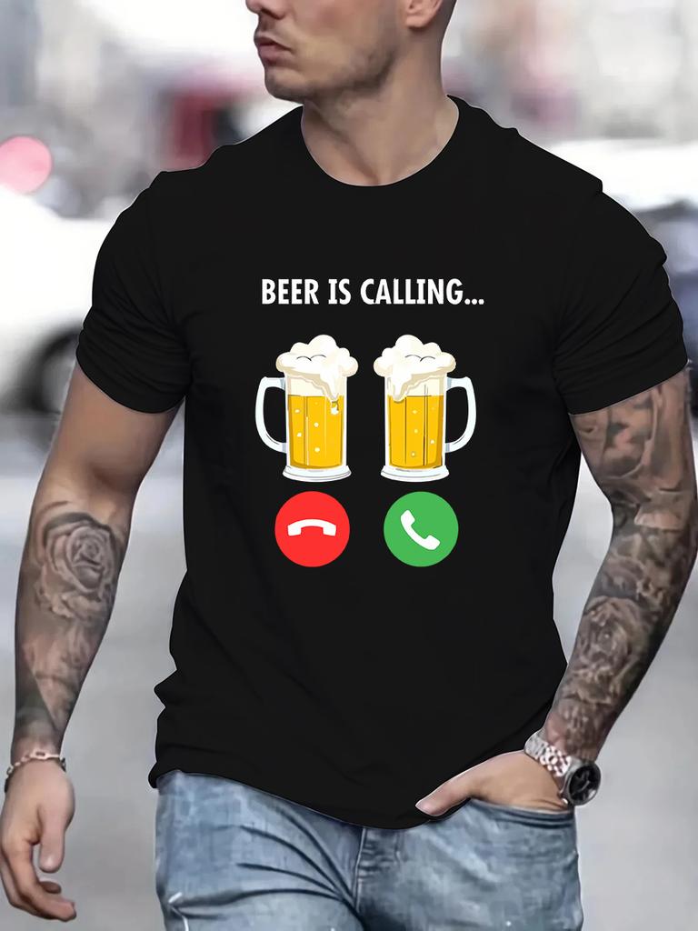Men's 100% Cotton Summer Loose Size Fashi Beer Is Calling Print Slim Fit Casual Sports Round Neck Short Sleeved T-shirt Top