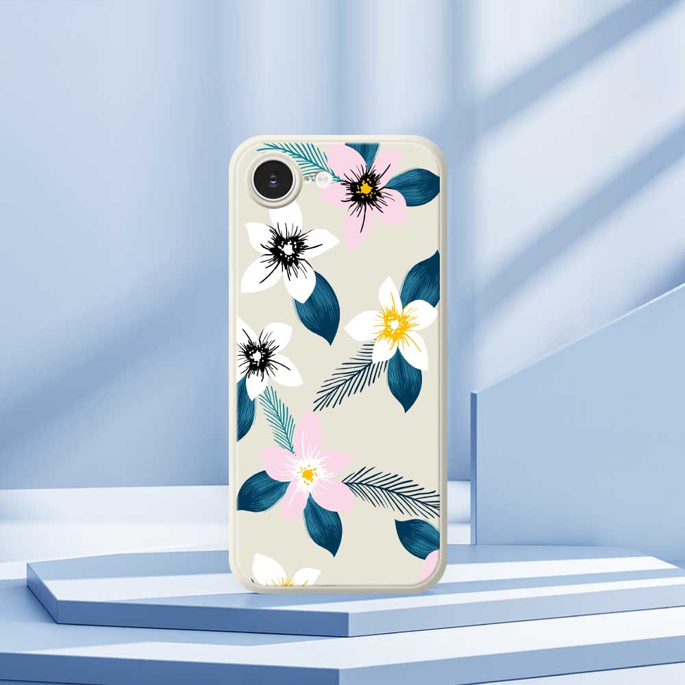 For iPhone 16e Case Pink White Flowers Blue Leaves Pattern Printing Straight Edge TPU Phone Back Cover