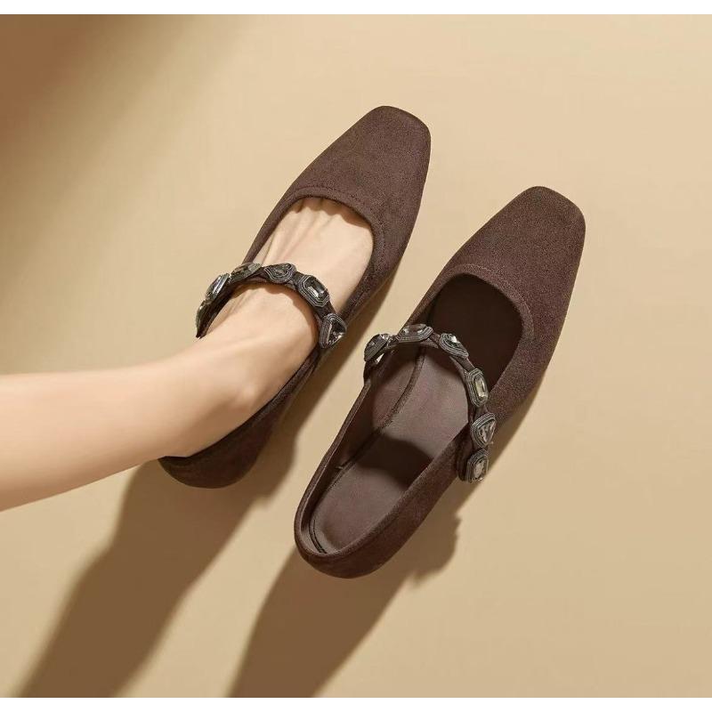 French Rhinestone One-strap Flat Shallow Opening Mary Jane Single Shoe 2025 New Style Small Square Toe Low-heeled Ballet Shoe