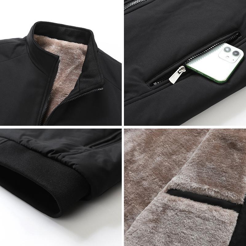 Men's Autumn/Winter Plus Velvet Jacket: Middle-Aged & Elderly, Warm Thick Stand Collar, Solid Color, Business Casual, Plus Size Outerwear.