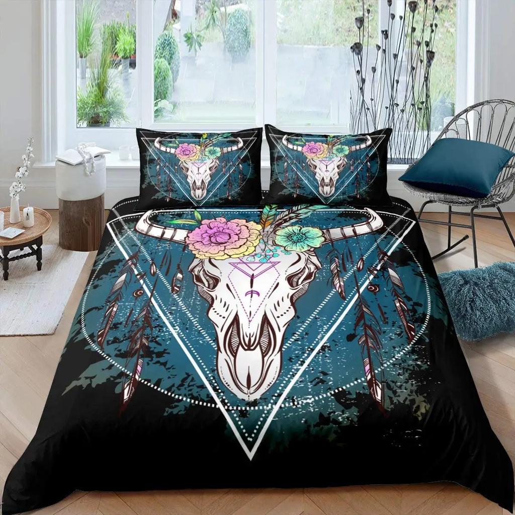 Cow Skull Duvet Cover Queen Sunflower Cattle/Bull Skeleton Bedding Set Botanical Floral Leaves Boho Tribal Polyester Quilt Cover