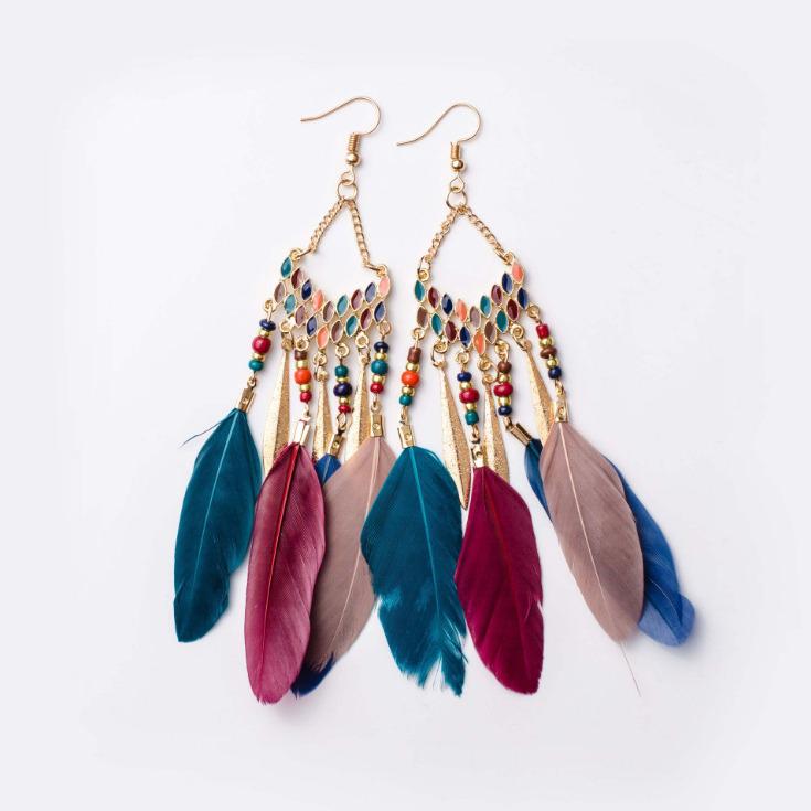 Bohemian Blue Tassel Feather Earrings in Ethnic Yunnan Style