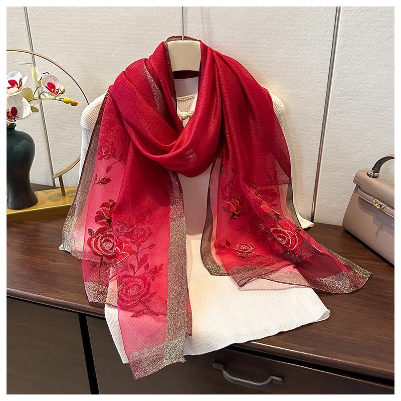 Simulation Silk Handmade Embroidered Scarf Spring And Autumn High-End Foreign Silk Scarf Femininity Easy To Match Decorative Shawl