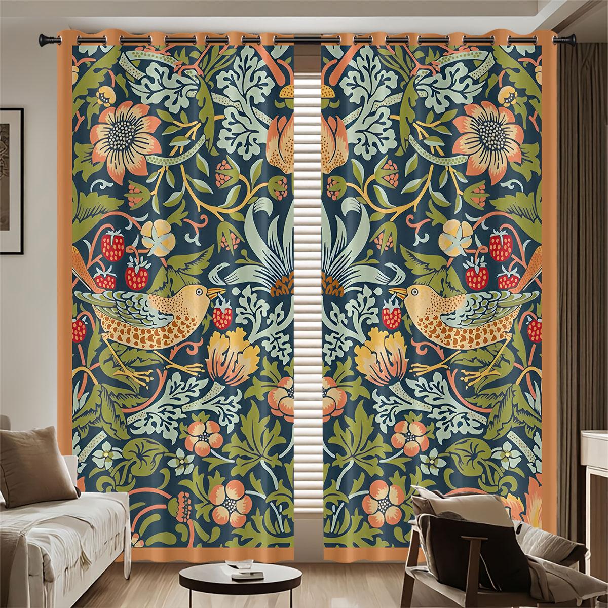 

2pcs Retro Beautiful Pattern Printed Perforated Blackout Curtains Multiple Sizes Living Room And Bedroom Insulation Decoration 140x160&Grommet Top