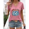 New Women's Fashionable Women's Clothing, Vintage Style, Highway 66 Positioning Print V-neck Short Sleeve