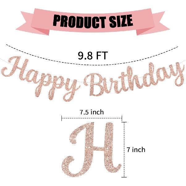 Pre-Strung Rose Gold Happy Birthday Banner NO DIY for Women Men Party Decorations