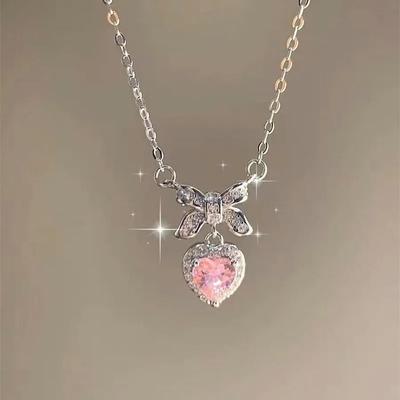 2023 Crystal Zircon Bow Knot Heart Pendant Necklaces Y2K Pink Heart Ladies Girls Fashion Elegant Clavicle Chain Women Jewelry