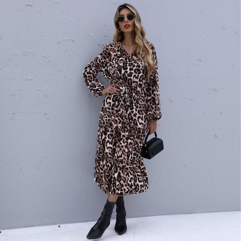Autumn and winter autumn and winter dress wild leopard print medium and long sleeve dress
