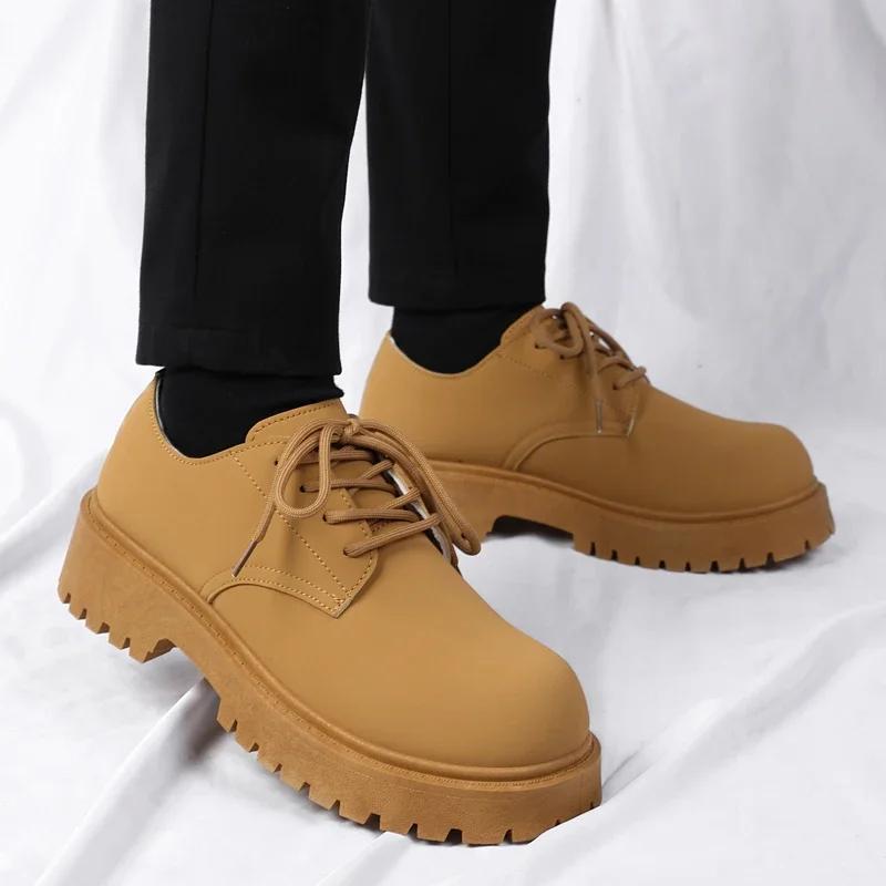 Men's Big Head Derby Shoes Senior Sense Round Head Thick Soles Increase Leather Shoes Non-slip Wear Outdoor Shoes