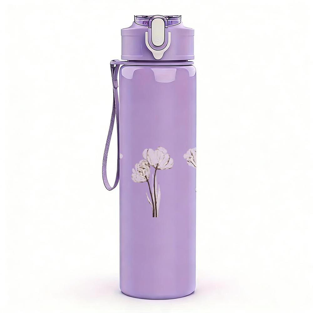 1PC Three thin tree line sketch minimal print 750ml colorful plastic sports water bottle leakproof pop up lid with straw for outdoor work home use