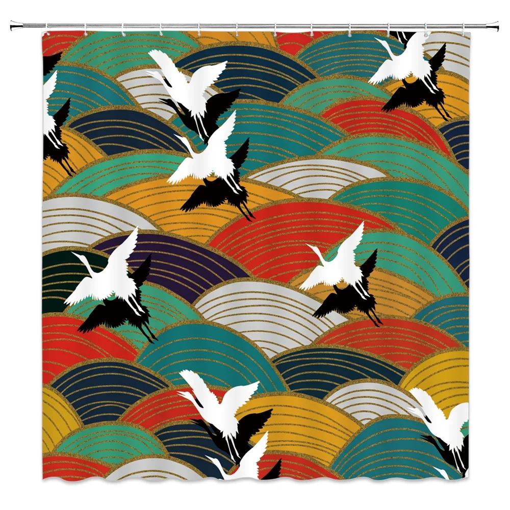 Waterproof Polyester Fabric Shower Curtain Japanese-Style Waves Samurai Landscape 3D Printing Bathroom Decor Shower Curtains