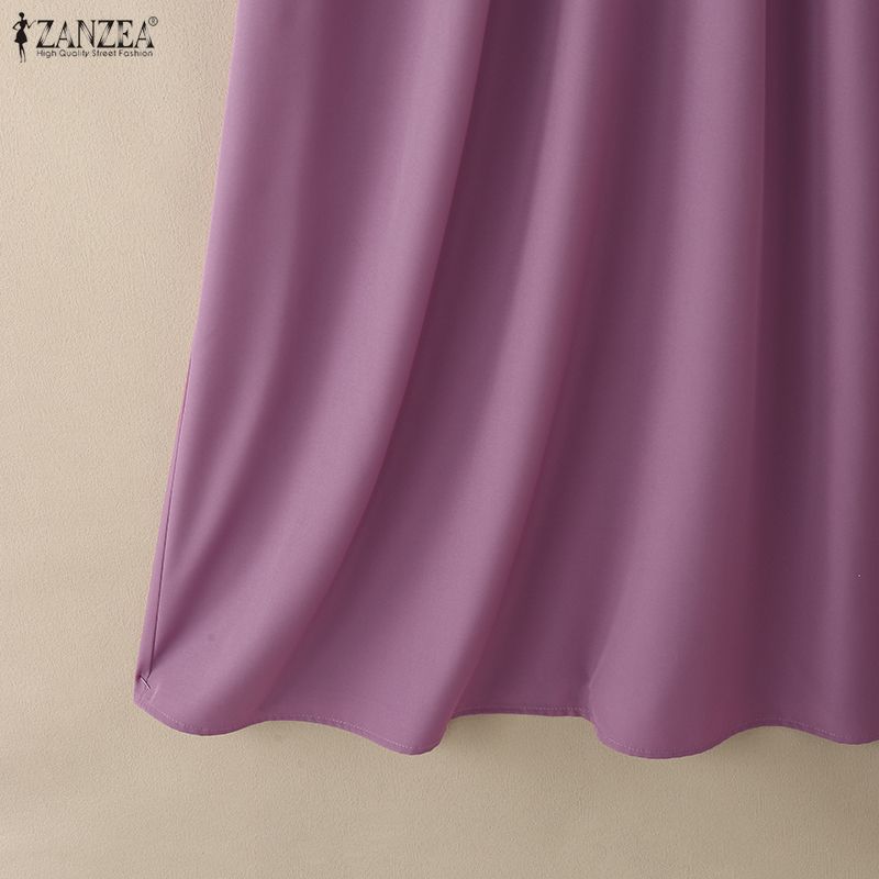 ZANZEA Women Casual Round Neck Solid Color Loose Long Sleeve Dress