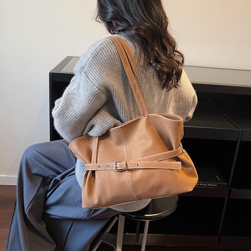 Womens Casual PU Leather Tote Bag Belt Buckle Detail Stitch Accent Large Capacity Minimalist Daily Bag for Commute Travel Everyday Use Durable