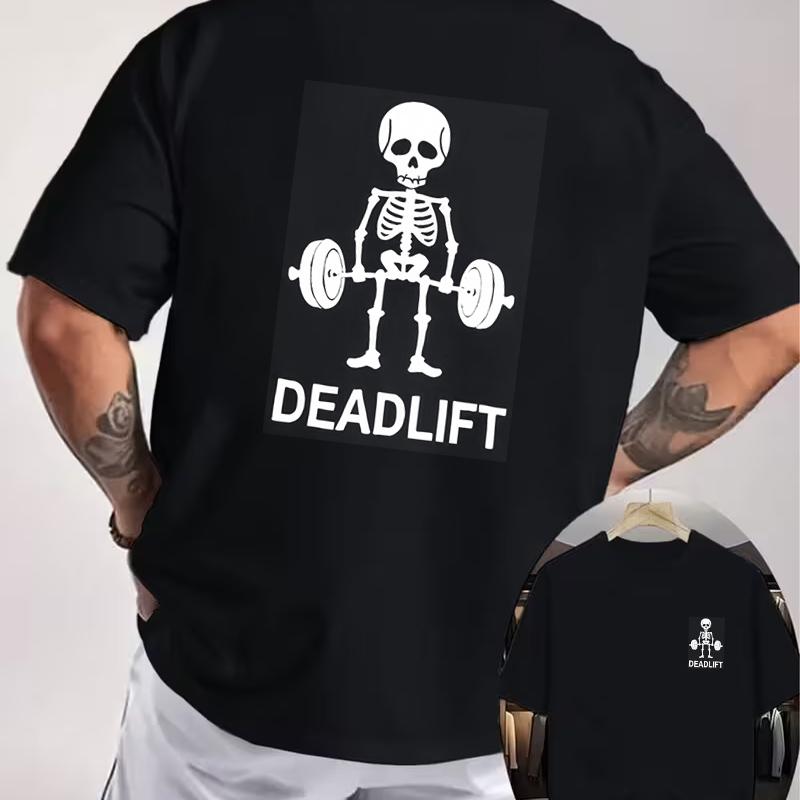DEADLIFT Skull Barbell Motorcycle Double Sided Print T-Shirt Men's Summer Short-sleeved Round Neck Casual Streetwear Tops Tee