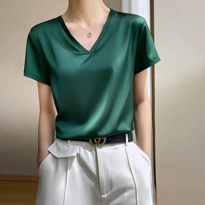 T-shirts basiques d'été unis pour femmes, col en V, manches courtes, hauts, t-shirts élégants en soie satinée fine pour femmes