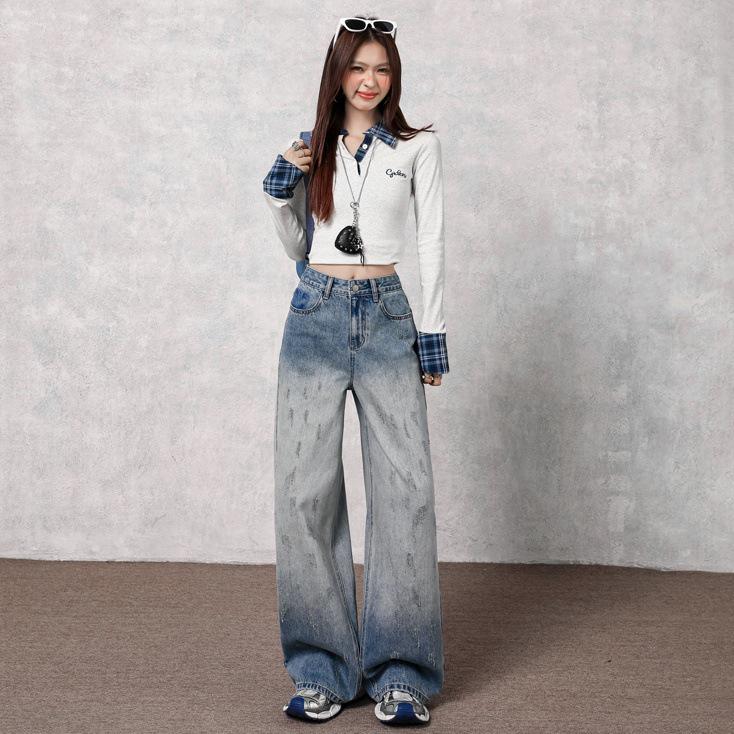 Autumn Gradient Retro Women's High Waist Wide-Leg Jeans - Hong Kong Style, Floor-Length Pants
