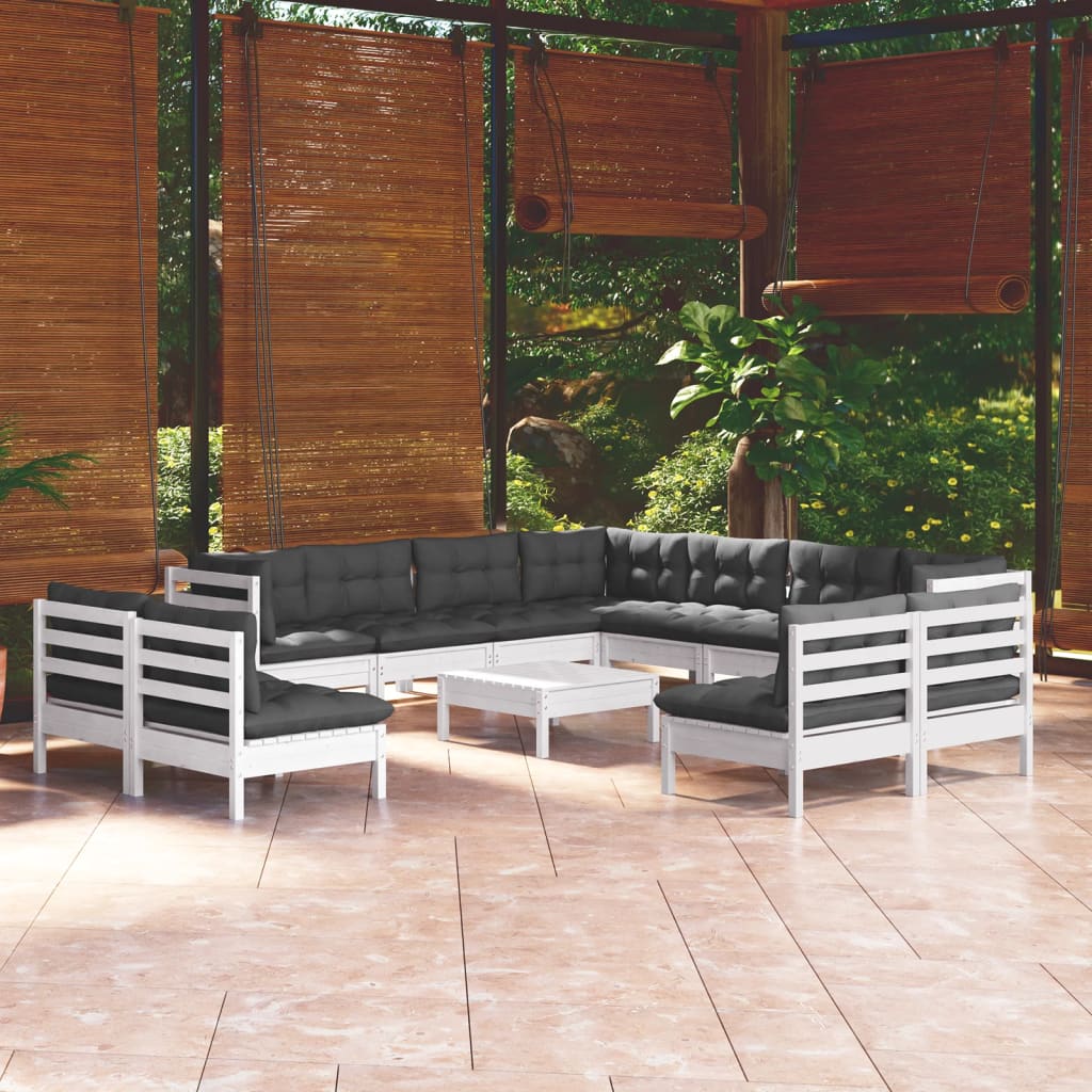 12 Piece Garden Lounge Set with Cushions White Solid Pine Wood