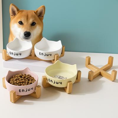 Ceramic Pet Bowl Cute Prevent Tipping Cat High Foot Bowl with Rack Single/Double Bowl Pet Drinking Feeder Neck Protection