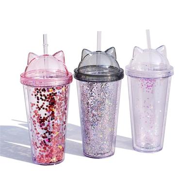 420ml Water Cup Eye-catching Heat Resistant PS Lovely Water Drinking Straw Cup with Sequins