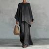 Women Solid Color Two Piece Set Crew Neck Wide Leg Pants Loose Fit Casual Outfit
