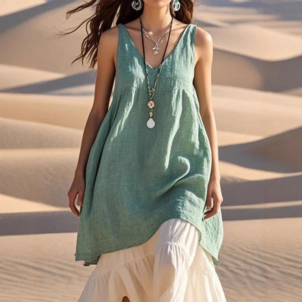 Abito da Spiaggia Casual Estivo da Donna con Scollo a V Senza Maniche in Cotone e Lino