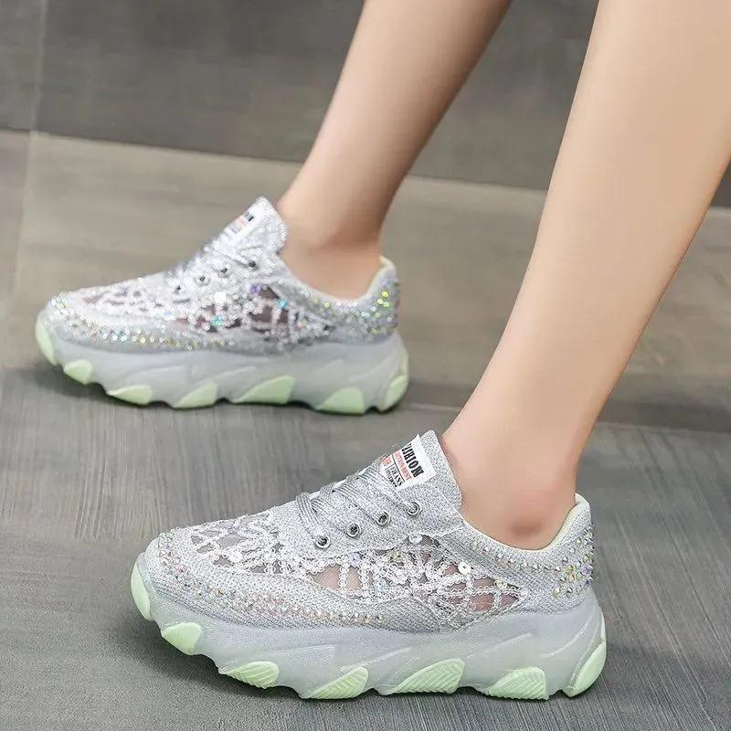Fashion Shoes for Women 2024 New Shiny Rhinestone Women's Sneakers Shoes Autumn Korean Fashion Thick Sole Sports Shoes Zapatos De Mujer